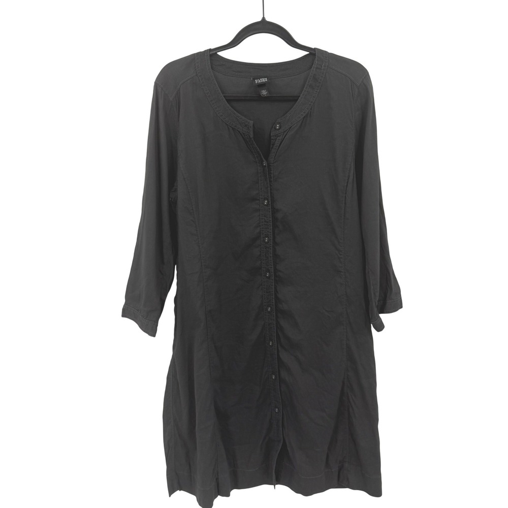 Eileen Fisher Charcoal Gray Italian Fabric Button Front Tunic Shirt Dress L